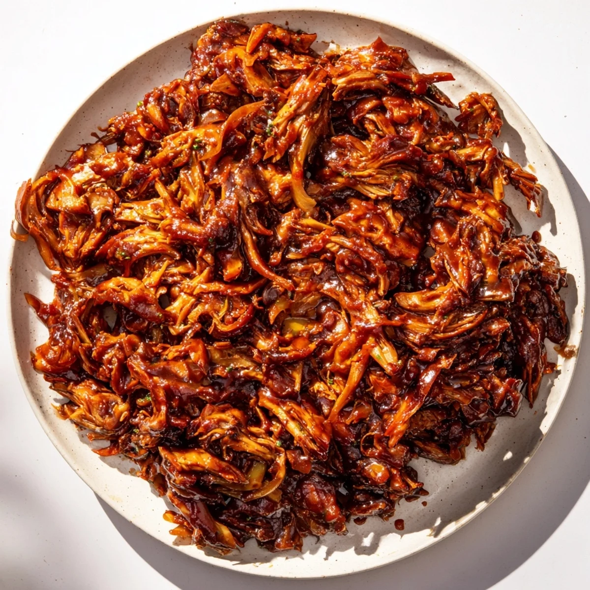 Slow Cooked Pork-Free Pulled Jackfruit, ready to be piled high on toasted buns, ready to eat!