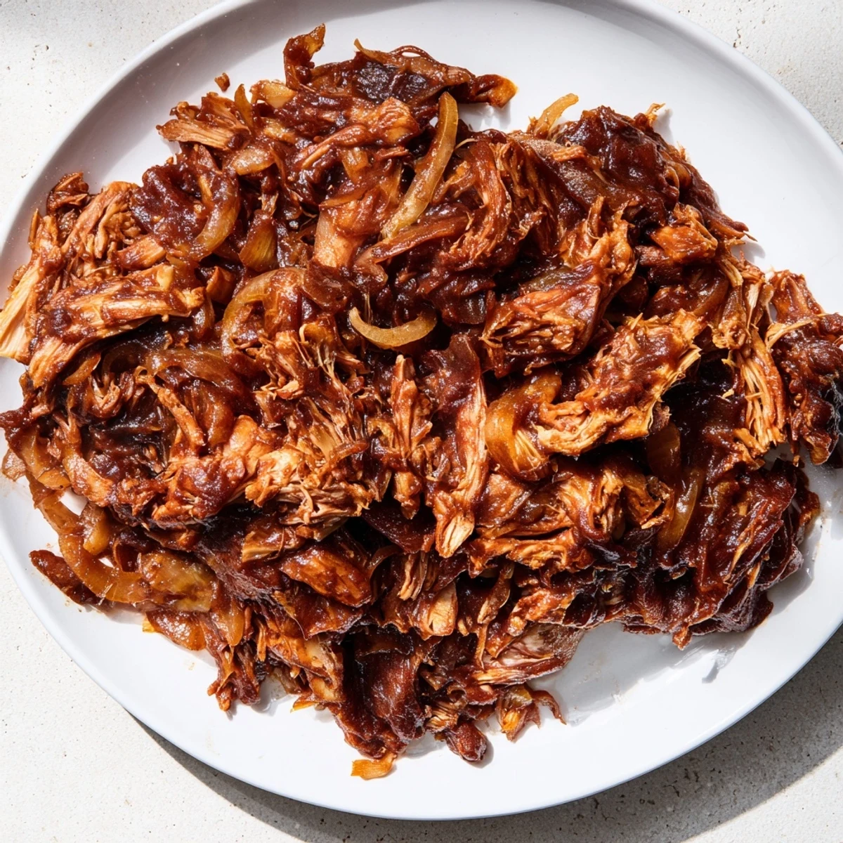 Tender Slow Cooked Pork-Free Pulled Jackfruit, slow cooked in a rich barbecue sauce, smelling so good.