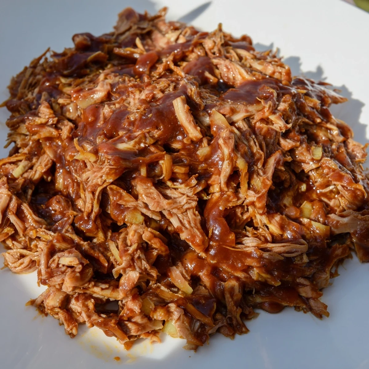 Smoky and savory, a close-up shows the delicious Slow Cooked Pork Free Pulled Jackfruit ready to serve.