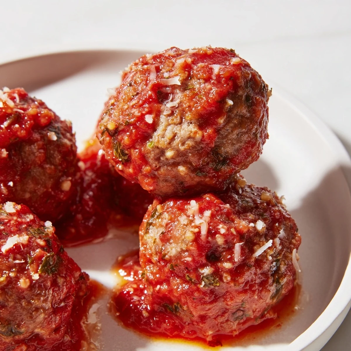 A close-up of delicious, juicy beef meatballs, simmering in rich marinara sauce, ready to serve.