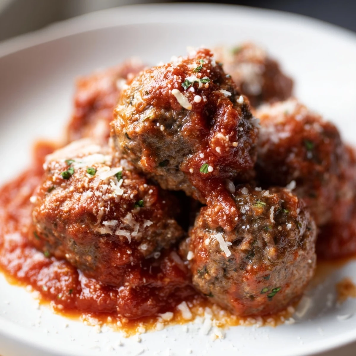 Perfectly browned beef meatballs, seasoned with herbs, sit in a skillet, bubbling with tomato sauce.