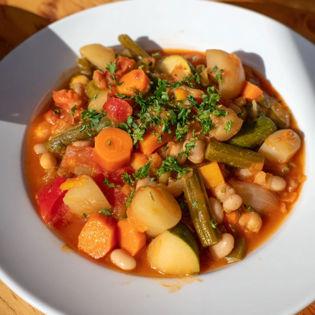 Steaming bowl of vegetarian stew, filled with colorful vegetables and herbs, ready to enjoy.