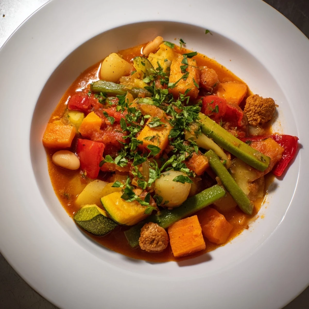 Hearty vegetarian stew with tender vegetables and beans, perfect for a cozy, comforting dinner.