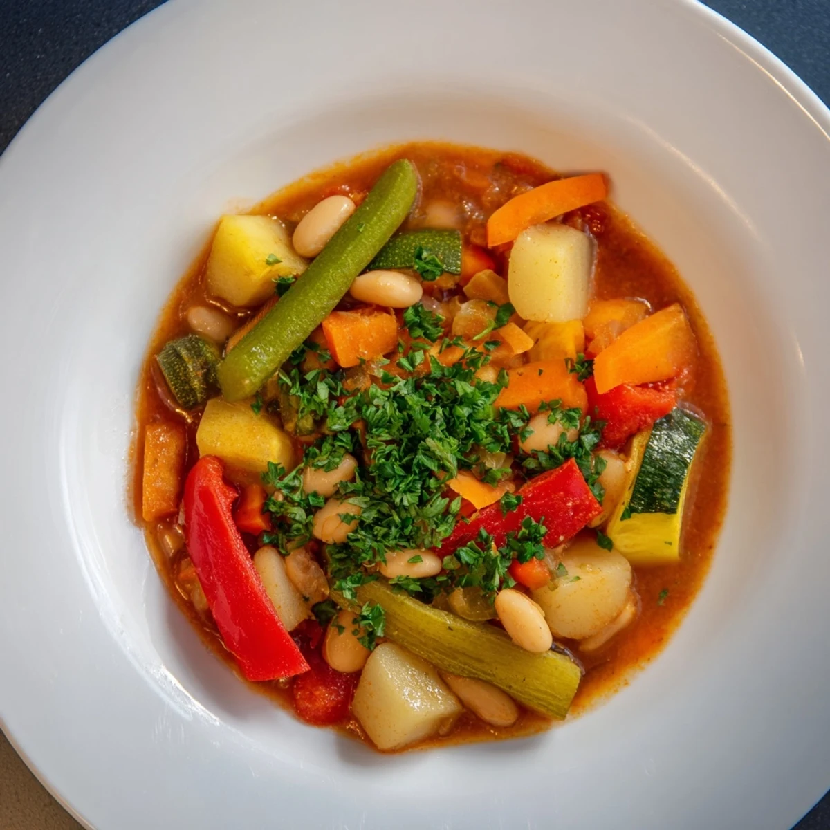A close-up of a flavorful vegetarian stew, garnished with fresh parsley, ready to be served hot.
