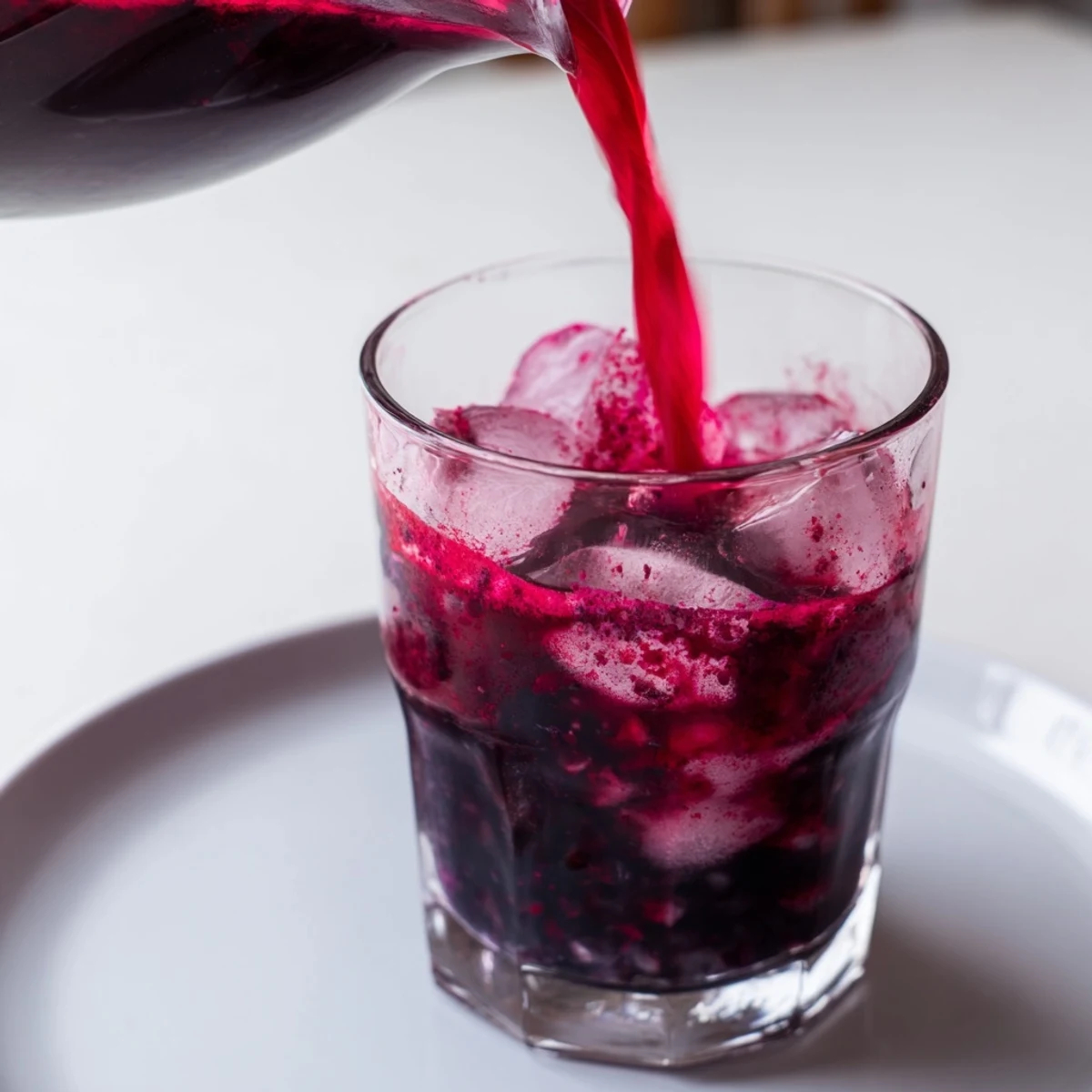 Glass of vibrant Winter Berry Juice, overflowing with icy refreshment and fruity aromas.