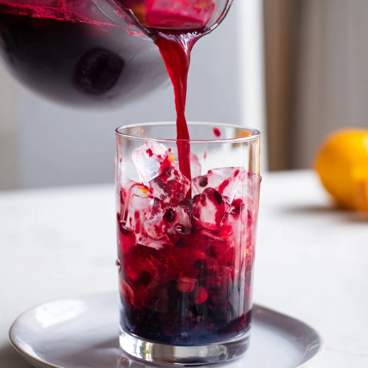 Bright red Winter Berry Juice, a smooth, chilled beverage featuring berries and a hint of citrus.