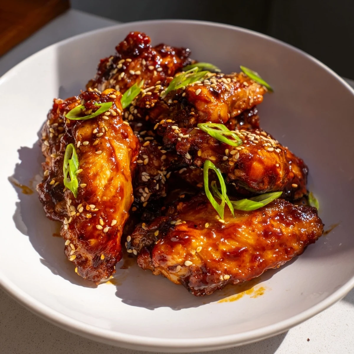 Close-up of golden brown sticky chicken wings, showing a flavorful glaze and sesame seeds.