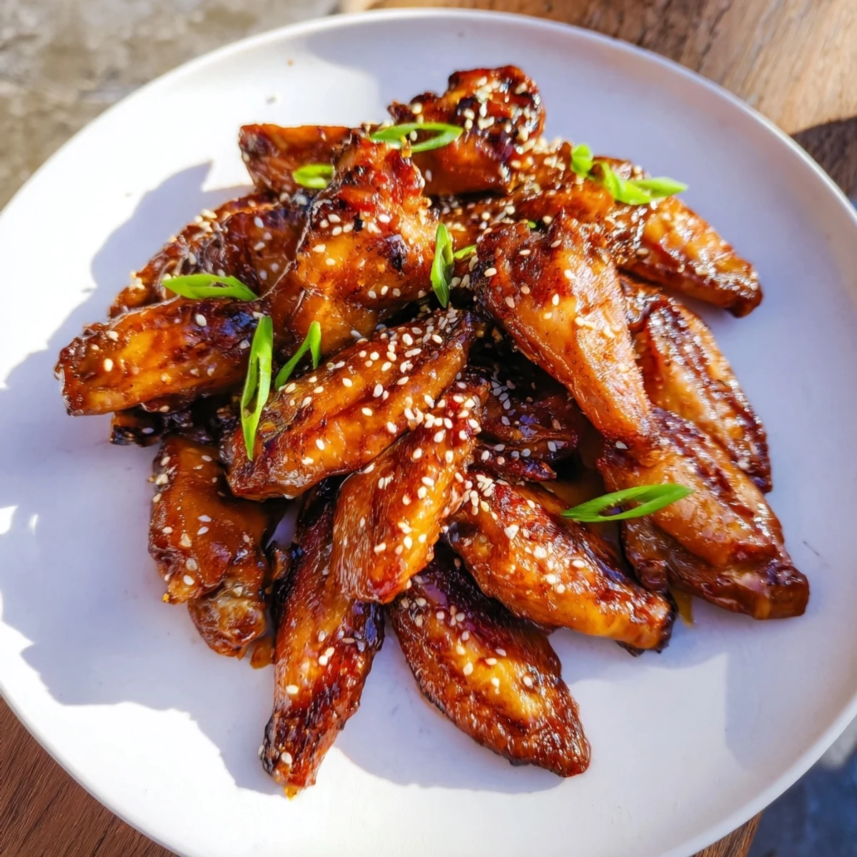 Crispy, glistening sticky chicken wings, perfect for sharing at a game day gathering.