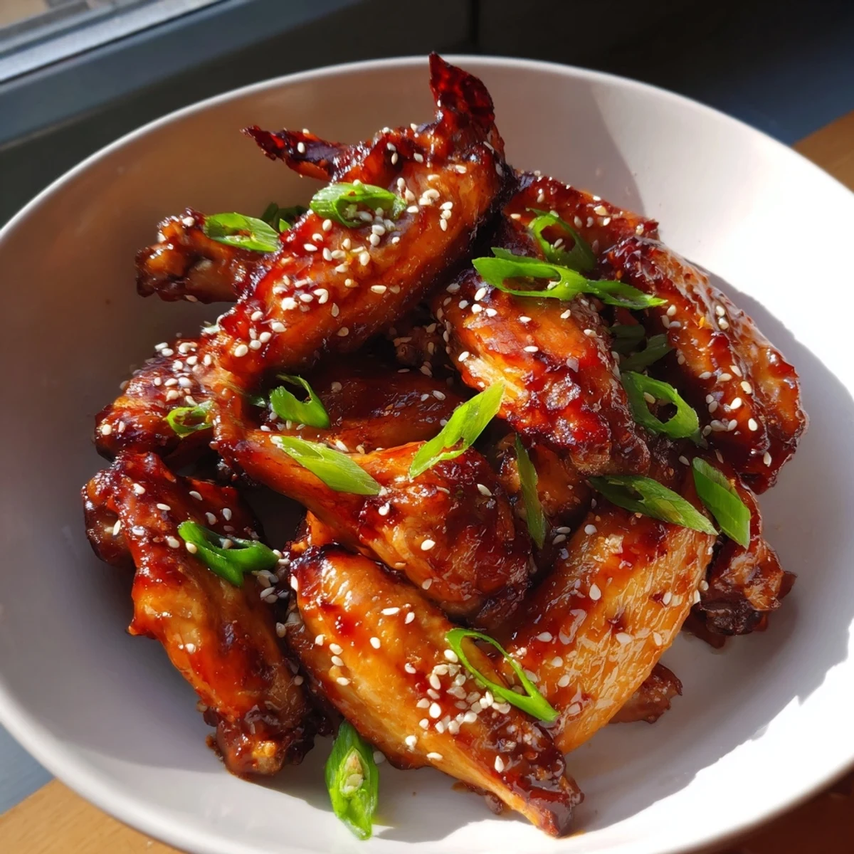 Sweet and savory sticky chicken wings served, with vibrant green onions and a beautiful shine.