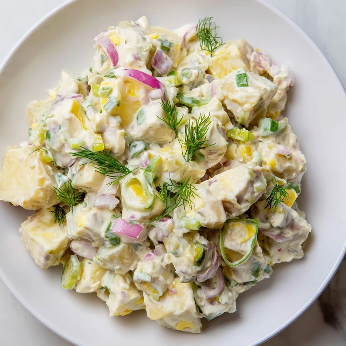 Creamy potato salad, a vibrant side, features tender potatoes coated in a creamy, tangy dressing.
