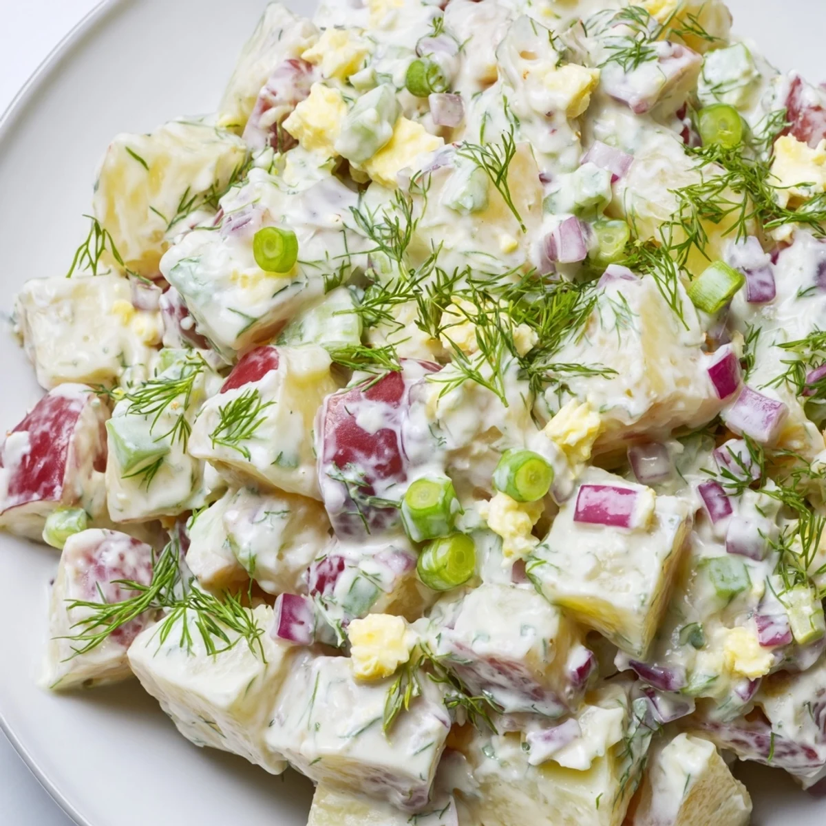 Enjoy this classic creamy potato salad with soft potatoes and crisp veggies – a comforting favorite.