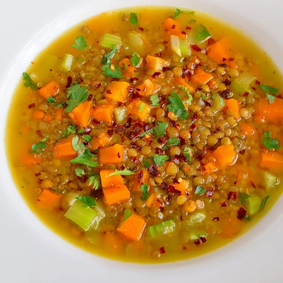 Steaming bowl of spicy lentil soup, filled with carrots and herbs, ready to serve.