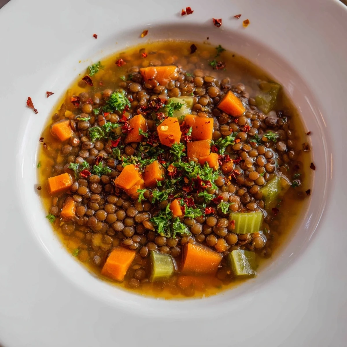 Close-up of a bubbling pot of spicy lentil soup, offering inviting warmth and rich flavors.
