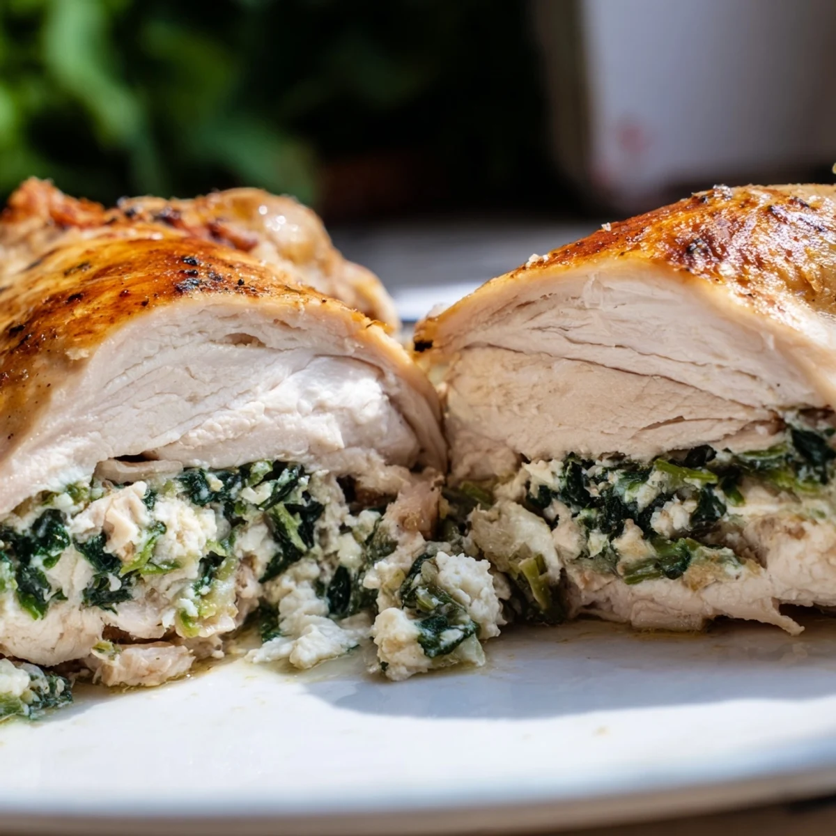 Golden Spinach and Feta Stuffed Chicken Breast, baked to tender perfection, ready to serve with flaky crust.