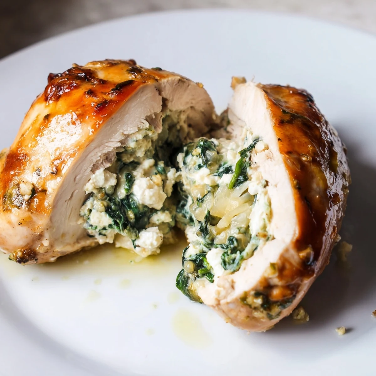 Close-up of savory Spinach and Feta Stuffed Chicken Breast, showing the creamy feta and spinach filling.