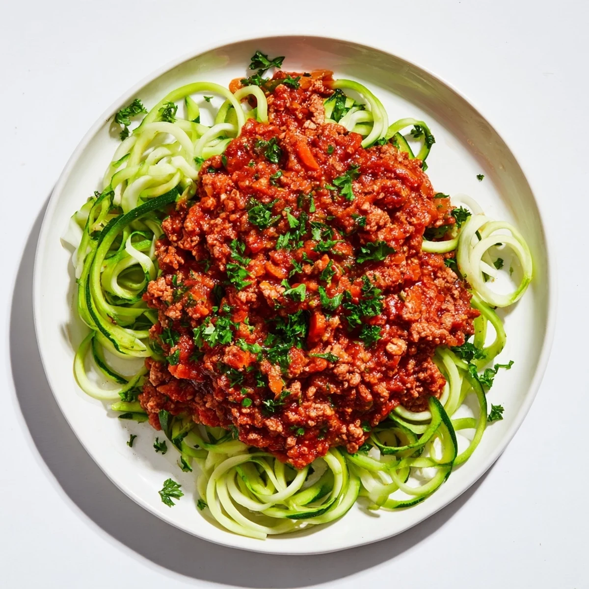 Steaming plate of turkey Bolognese sauce over vibrant green zucchini noodles, ready to eat.
