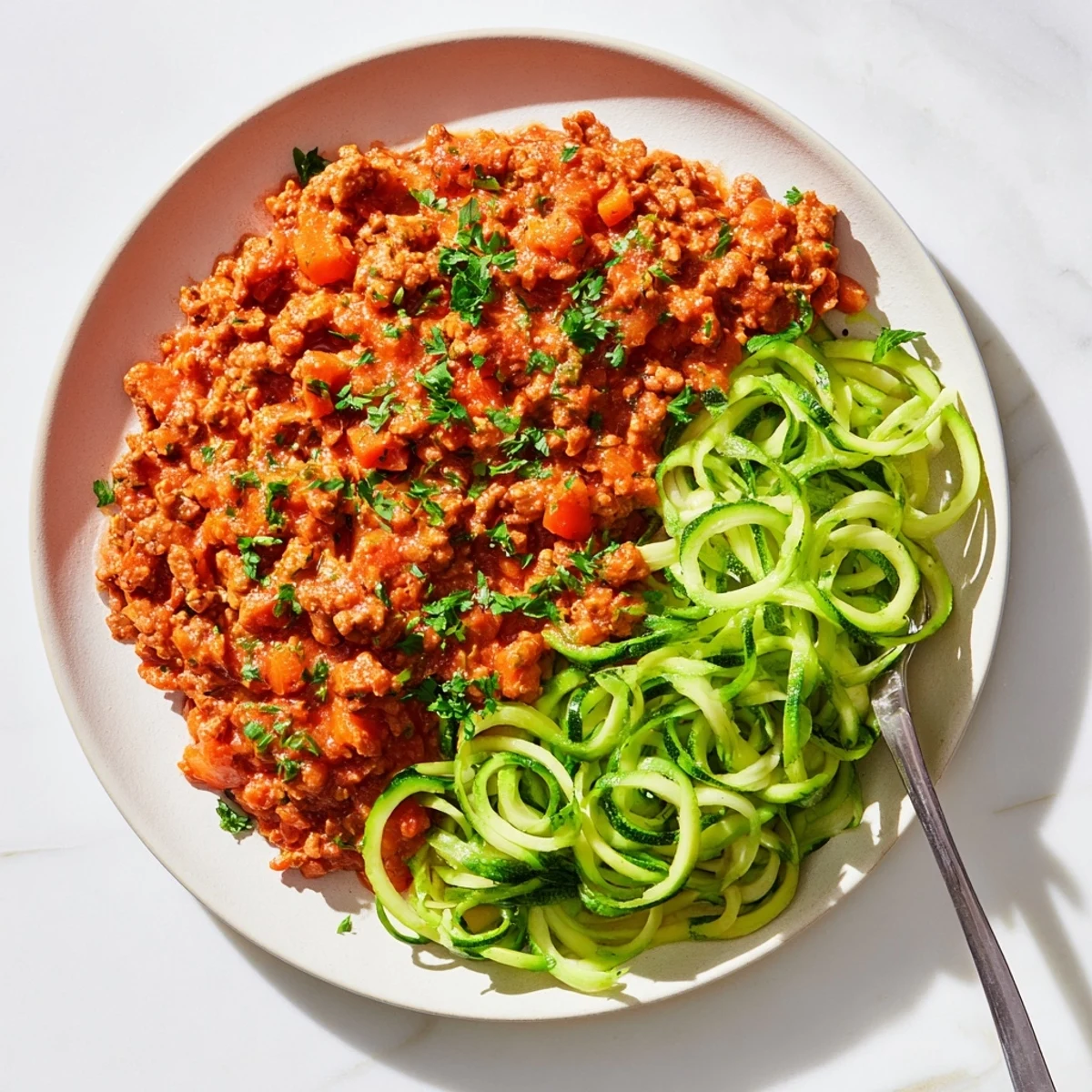 Hearty turkey Bolognese with fresh herbs, a low-carb alternative made with zucchini and ground turkey.
