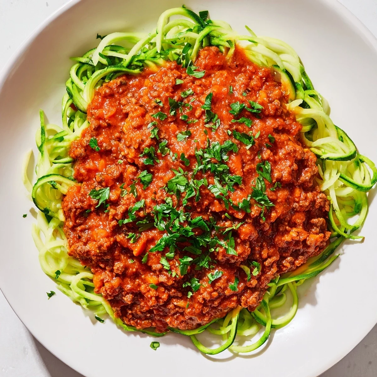 Close-up shot shows rich turkey Bolognese simmering, served on bed of tender zucchini noodles.