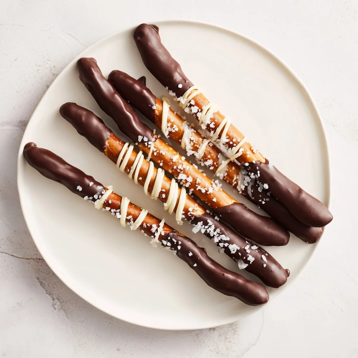 Chocolate dipped pretzels sprinkled with sea salt, a delectable dessert with a perfect salty-sweet balance.