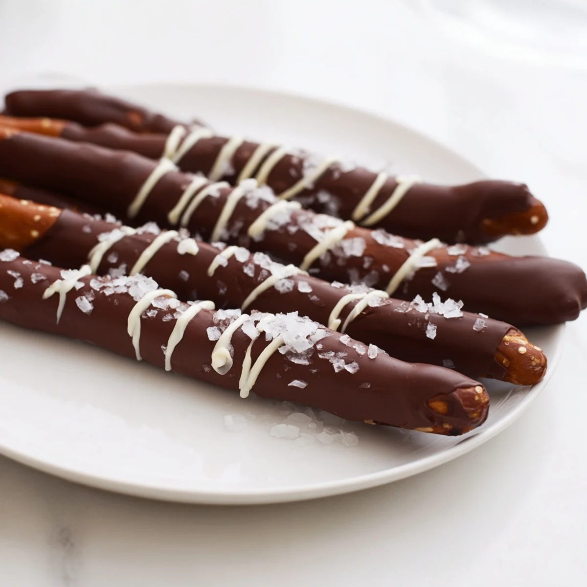 Rich melted chocolate coats crunchy pretzel rods, finished with flaky sea salt in this chocolate dipped pretzels recipe.
