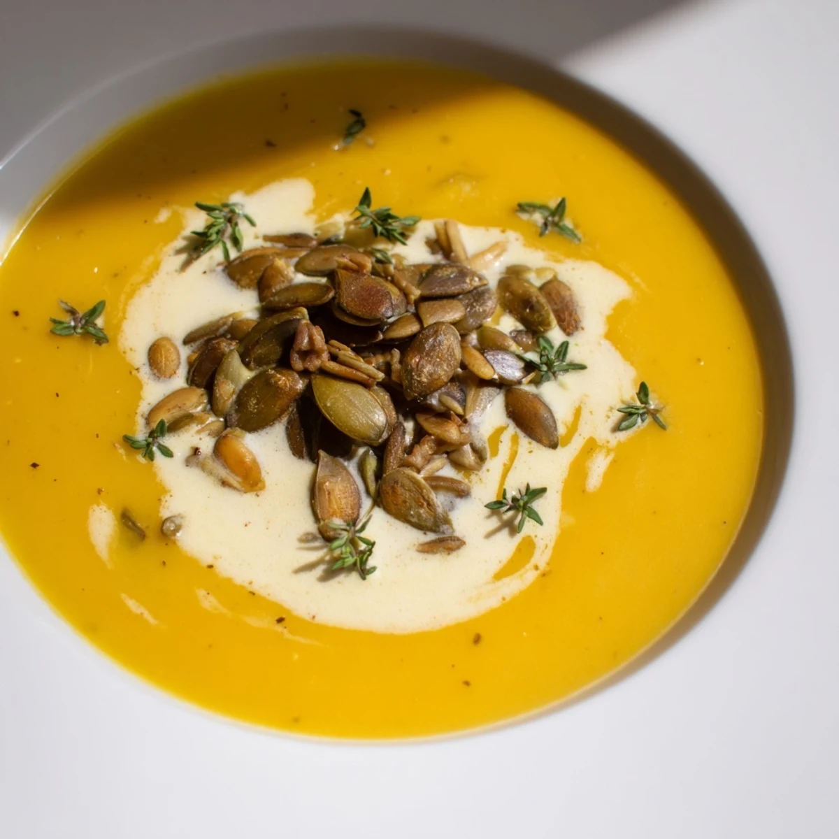 Enjoy a spoonful of rich and flavorful creamy pumpkin soup, ideal for fall gatherings.