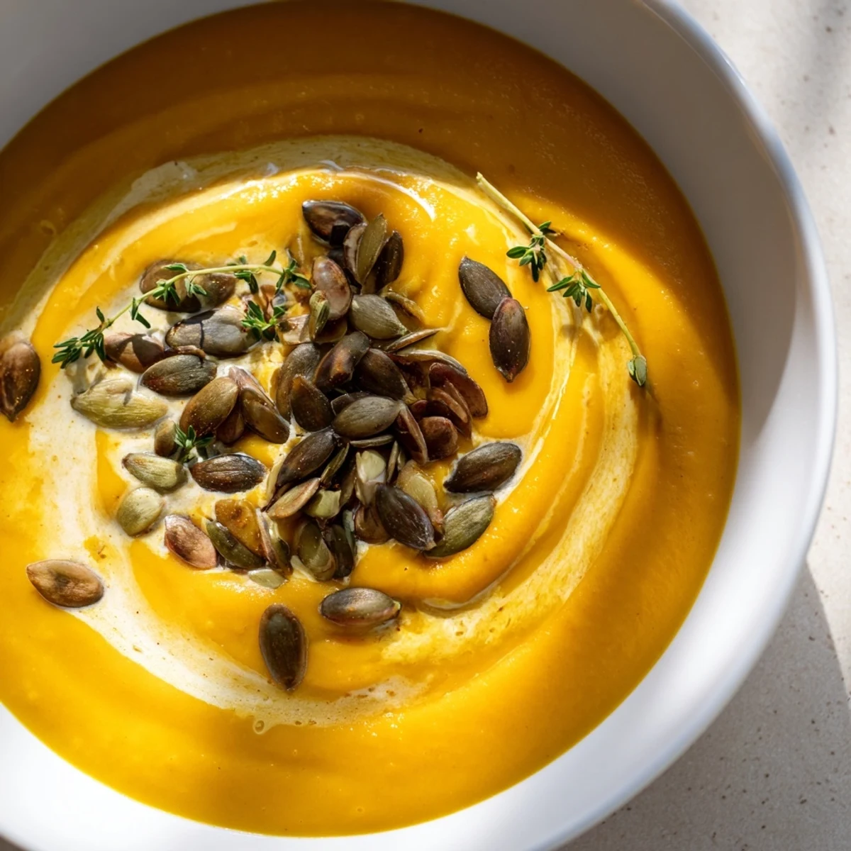 Close up shot of creamy pumpkin soup with toasted seeds, a tasty vegetarian main course.