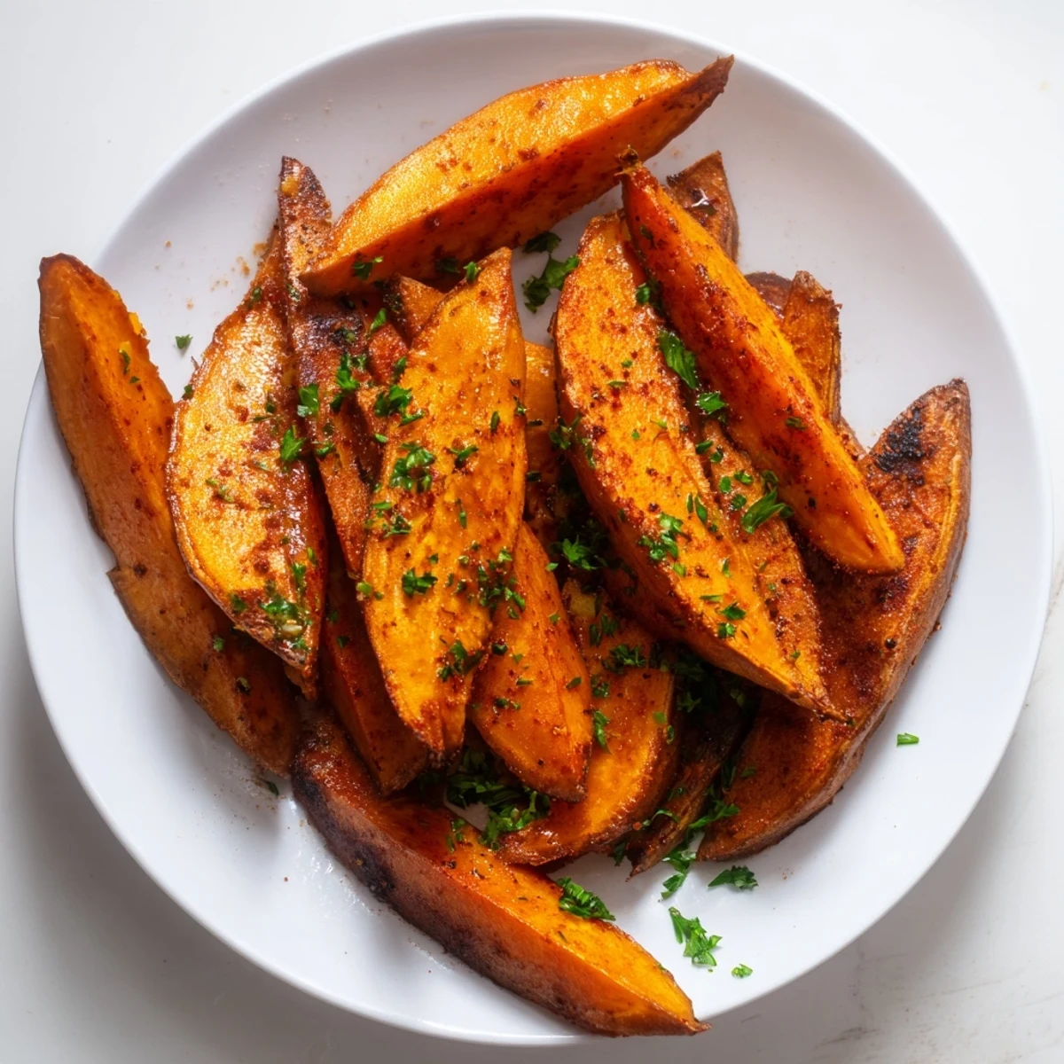 Golden brown Roasted Sweet Potato Wedges with paprika, crispy-edged and ready for a delicious meal.