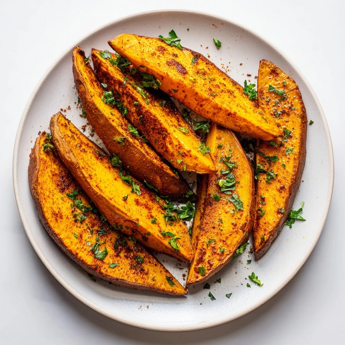Smoky paprika-seasoned Roasted Sweet Potato Wedges, a delightful side dish served on a platter.