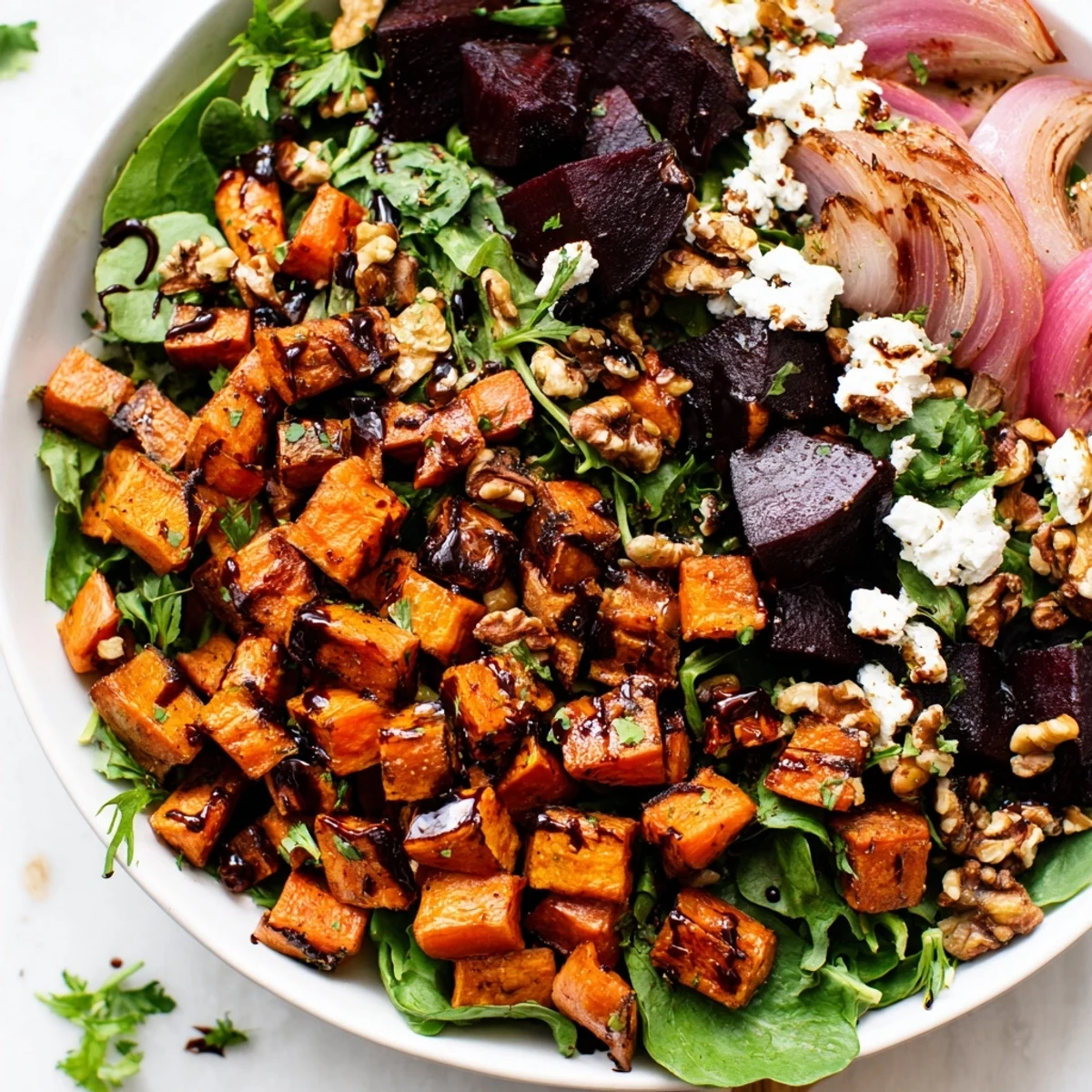 Vibrant Roasted Root Vegetable Salad with caramelized vegetables and a tangy vinaigrette on greens.