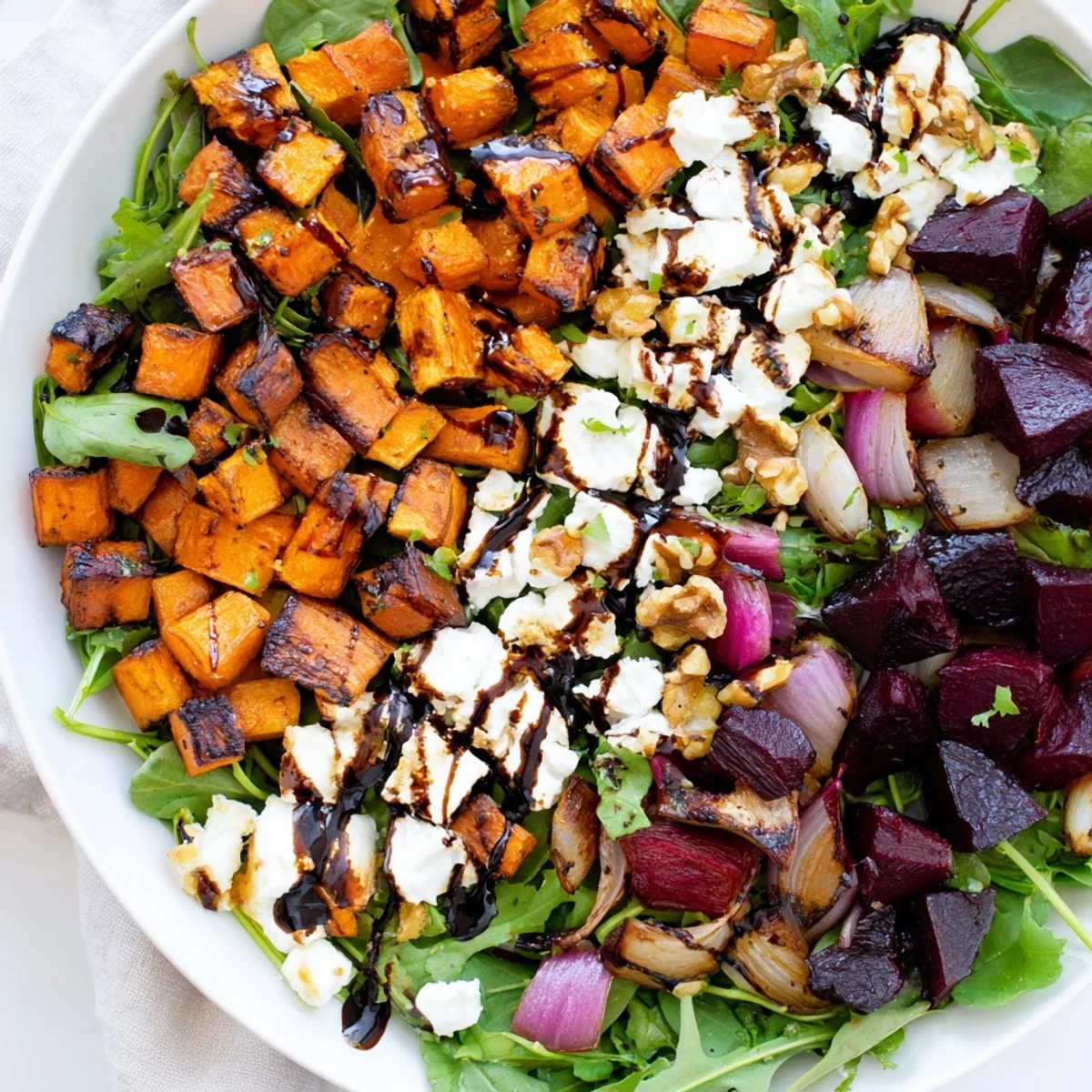 Warm, colorful Roasted Root Vegetable Salad piled high with roasted root vegetables, ready to serve.