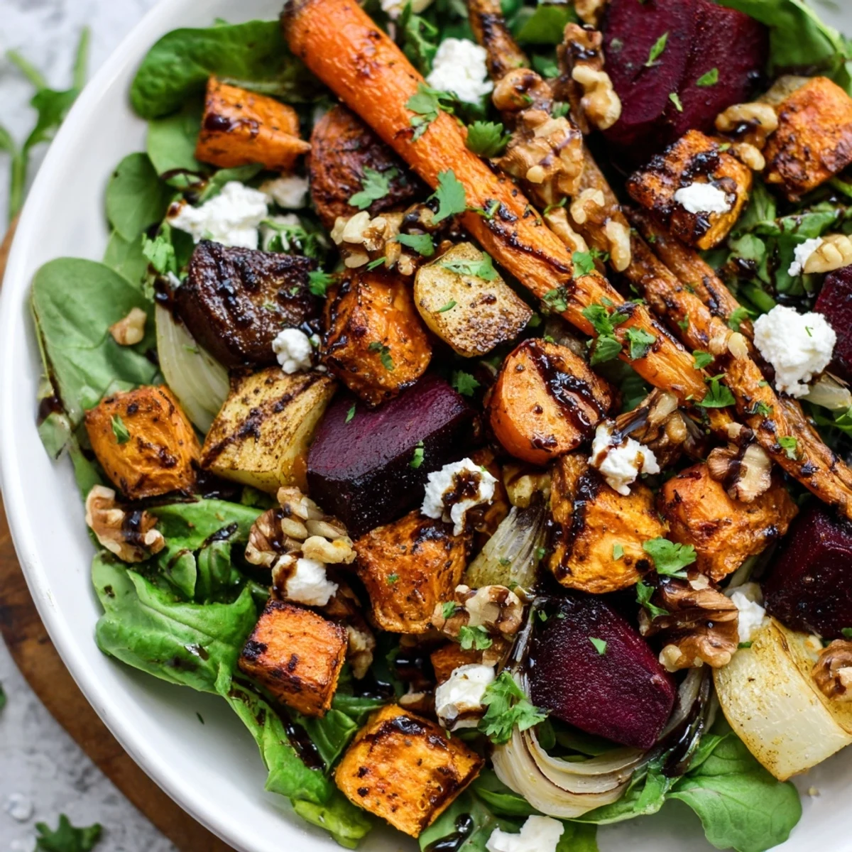 Tender, golden roasted root vegetables in a flavorful Roasted Root Vegetable Salad with optional toppings.