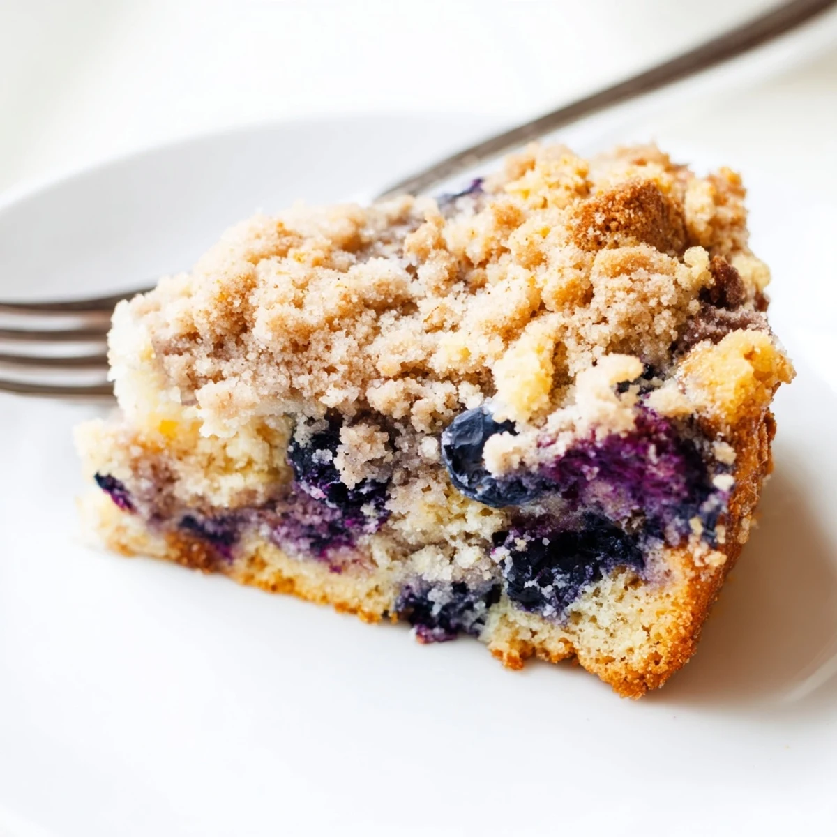 Freshly baked lemon blueberry coffee cake with golden streusel topping, a perfect morning treat.