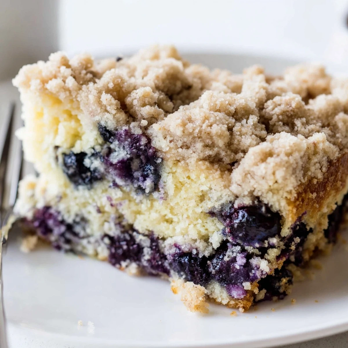 A close-up shot of a delicious lemon blueberry coffee cake, showcasing the juicy blueberries and crumb topping.