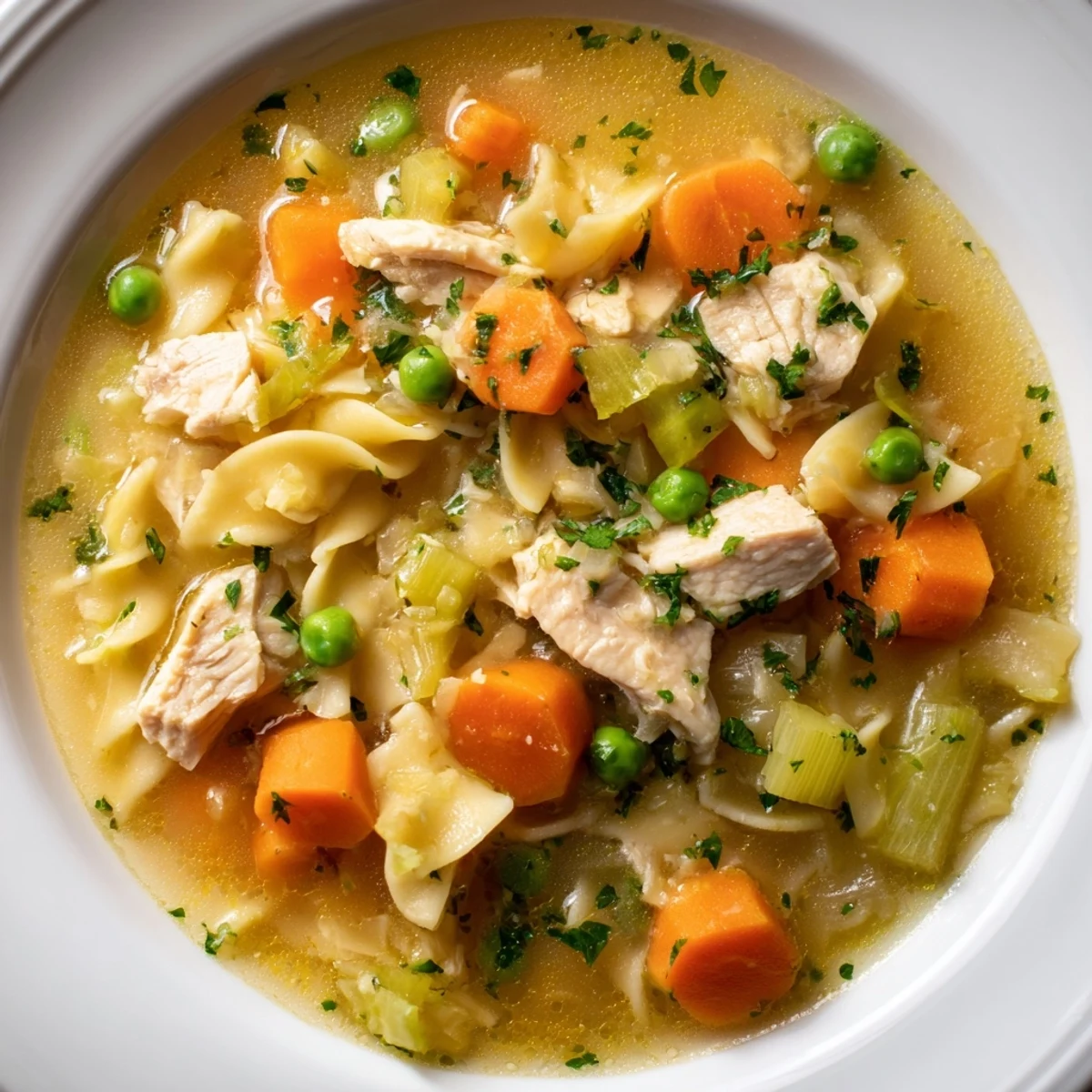 Steaming bowl of Chicken Noodle Soup with veggies; a comforting, homemade classic perfect for cold days.