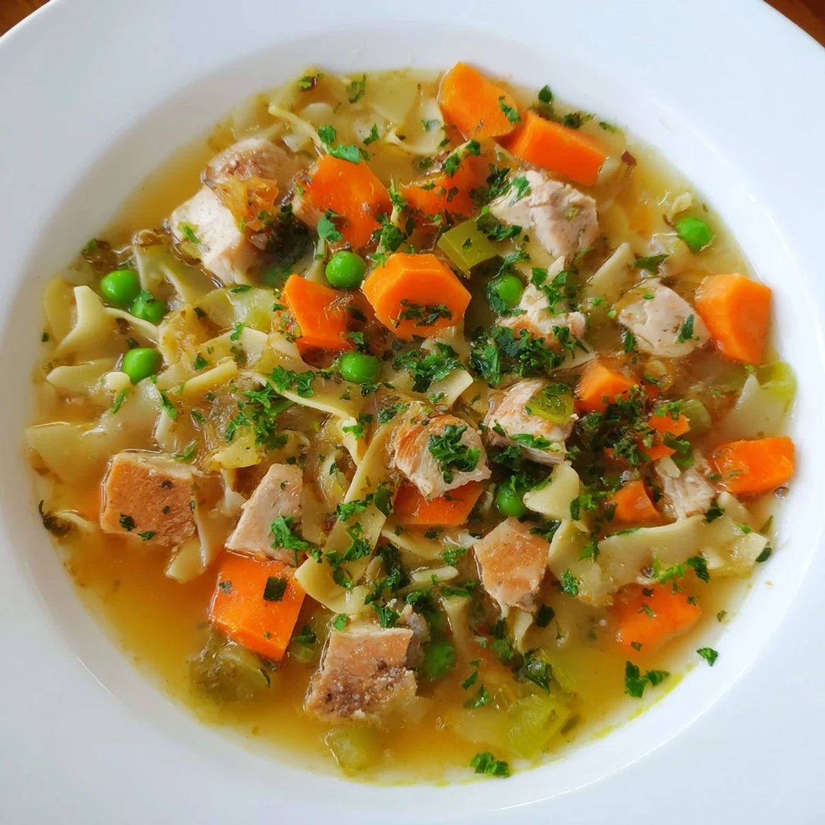 Hearty Chicken Noodle Soup with carrots and celery; a warm, delicious American comfort food meal.