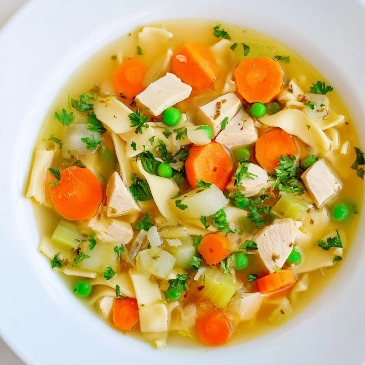 Close-up of golden Chicken Noodle Soup with tender chicken, noodles, and vibrant vegetables ready to eat.