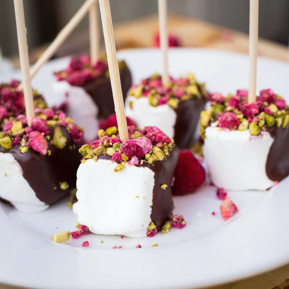 A photo shows homemade chocolate dipped marshmallows, glistening with a variety of festive toppings.
