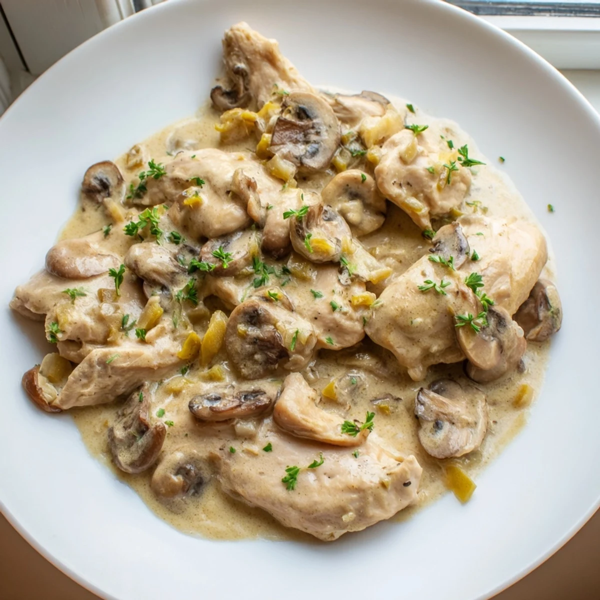 Creamy Mushroom Chicken Skillet: Tender chicken in a rich, creamy sauce with sauteed mushrooms, ready to serve.