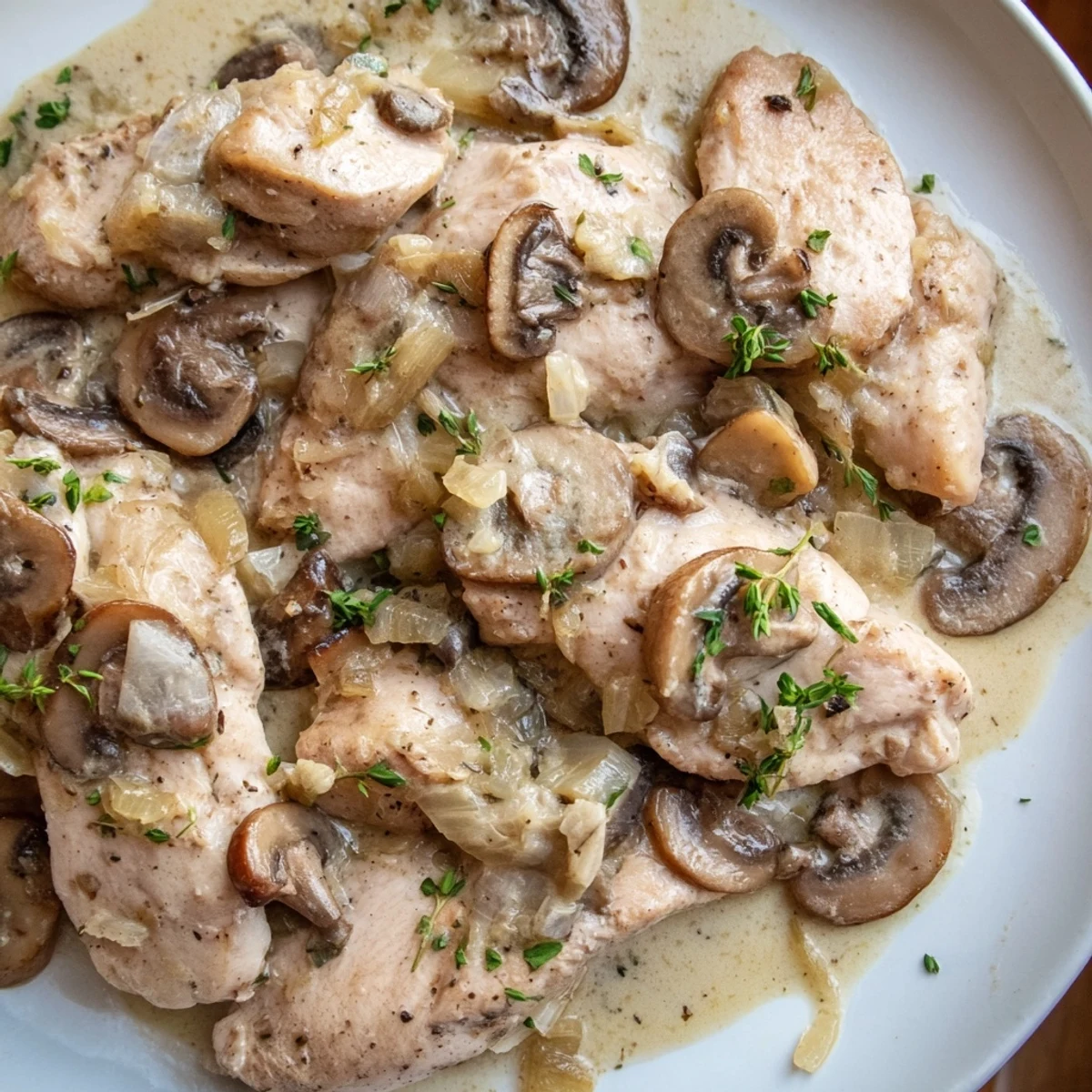 Enjoy the comforting aroma of a delicious Creamy Mushroom Chicken Skillet, perfect for a cozy dinner.