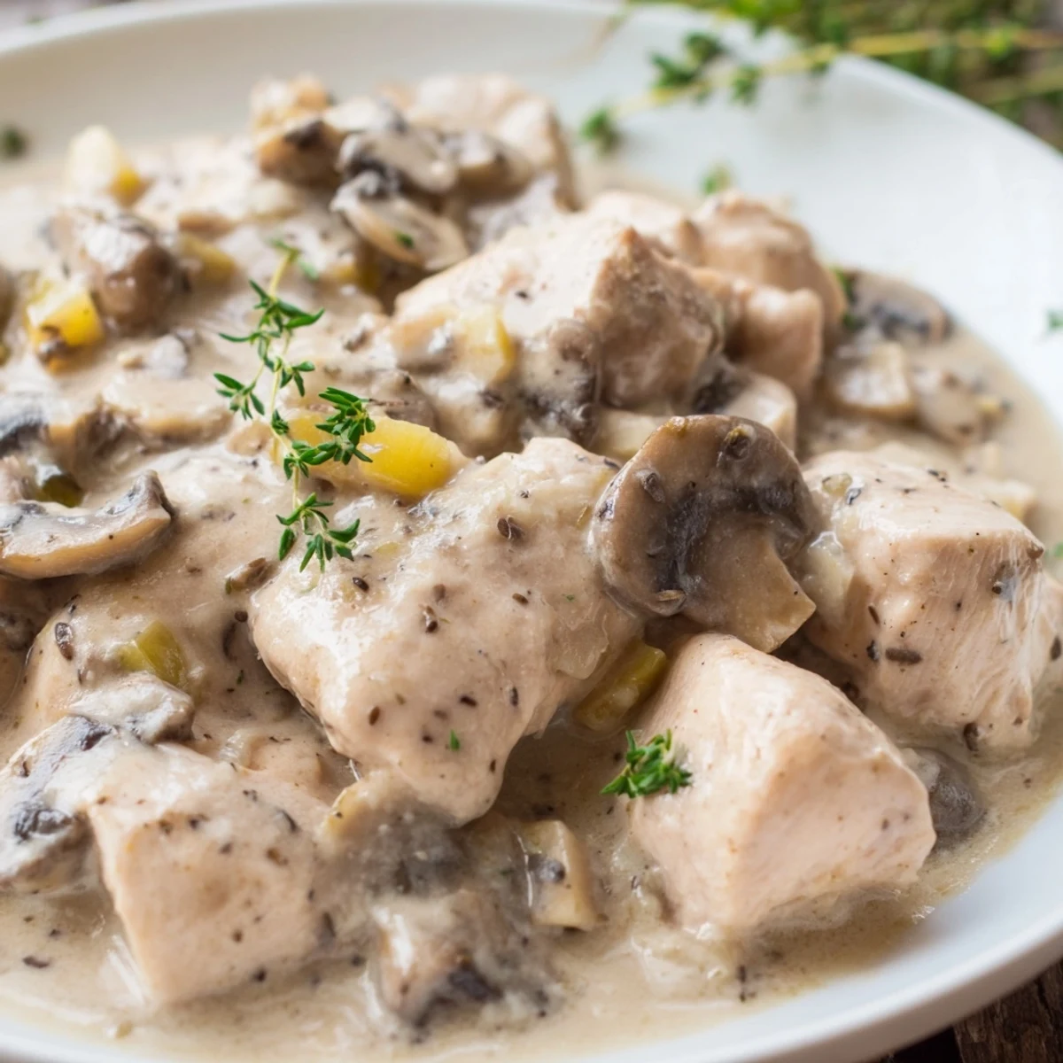 Sizzling skillet showcasing a Creamy Mushroom Chicken Skillet, a one-pan meal with creamy sauce and herbs.