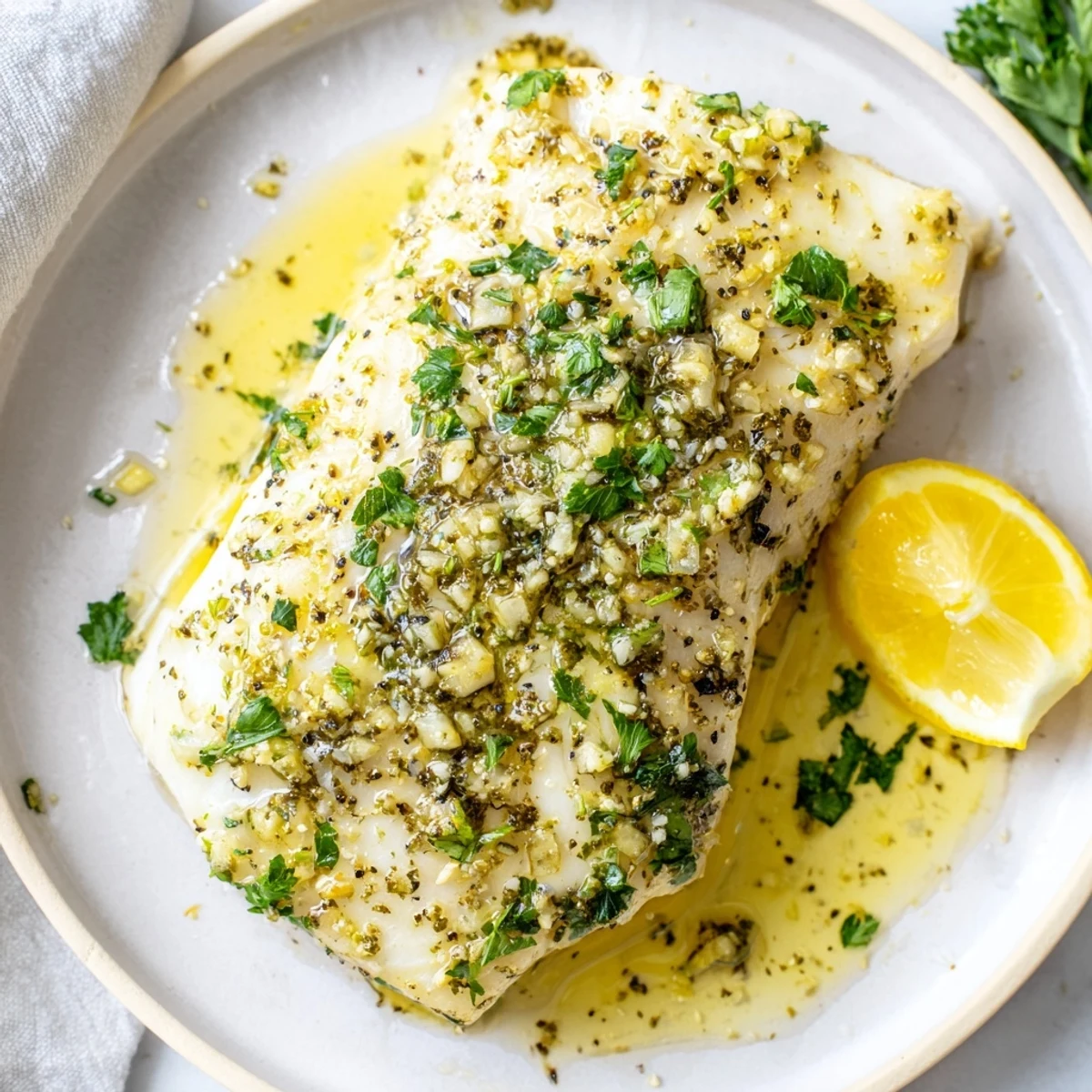 Golden-brown Baked Halibut with Garlic, perfectly cooked and garnished with fresh parsley.