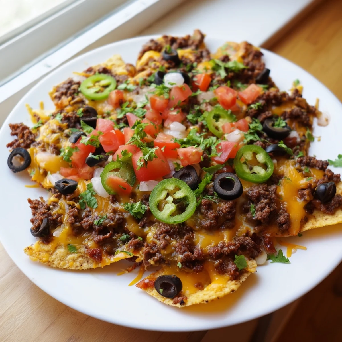 Golden, cheesy Beef Nachos with savory seasoned ground beef and vibrant toppings, ready to enjoy.