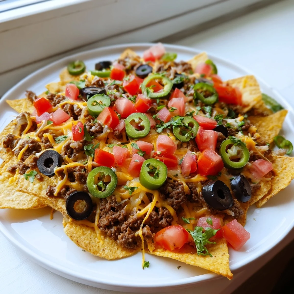 A delicious close-up showcases melted cheese and juicy seasoned beef atop crispy tortilla chips: Beef Nachos.