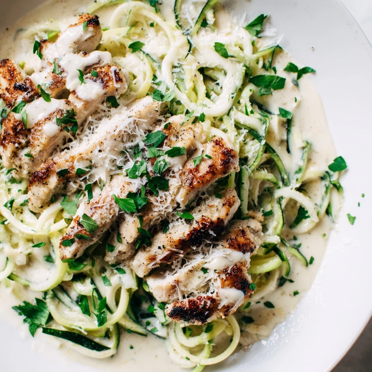 Tender chicken Alfredo with zucchini noodles, a creamy low-carb meal ready in minutes.