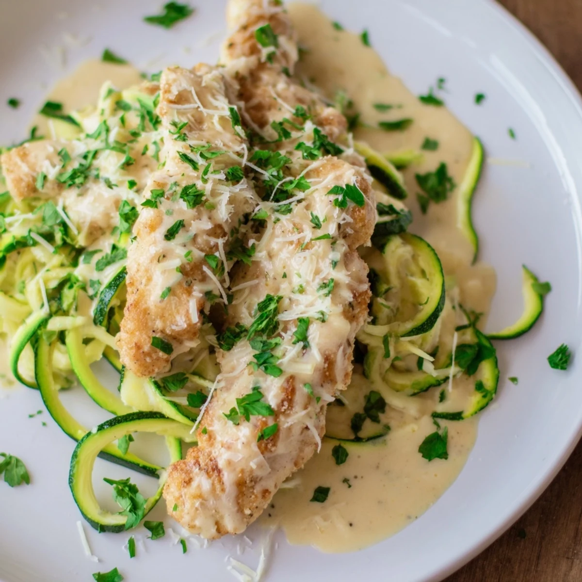 Zucchini noodles are coated in rich chicken Alfredo, a flavorful and easy Italian dish.