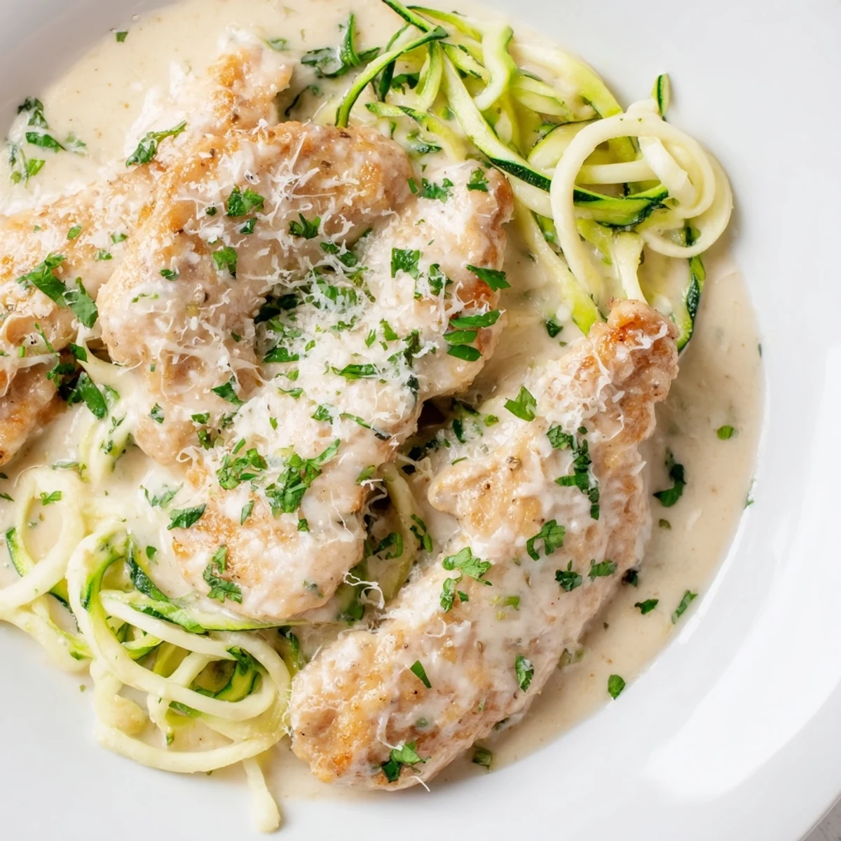 Enjoy a comforting plate of chicken Alfredo with zucchini noodles, ready to eat now!