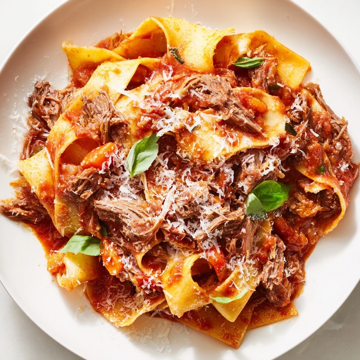 Hearty Slow Cooker Beef Ragu with Pappardelle Pasta, topped with Parmesan and fresh herbs.