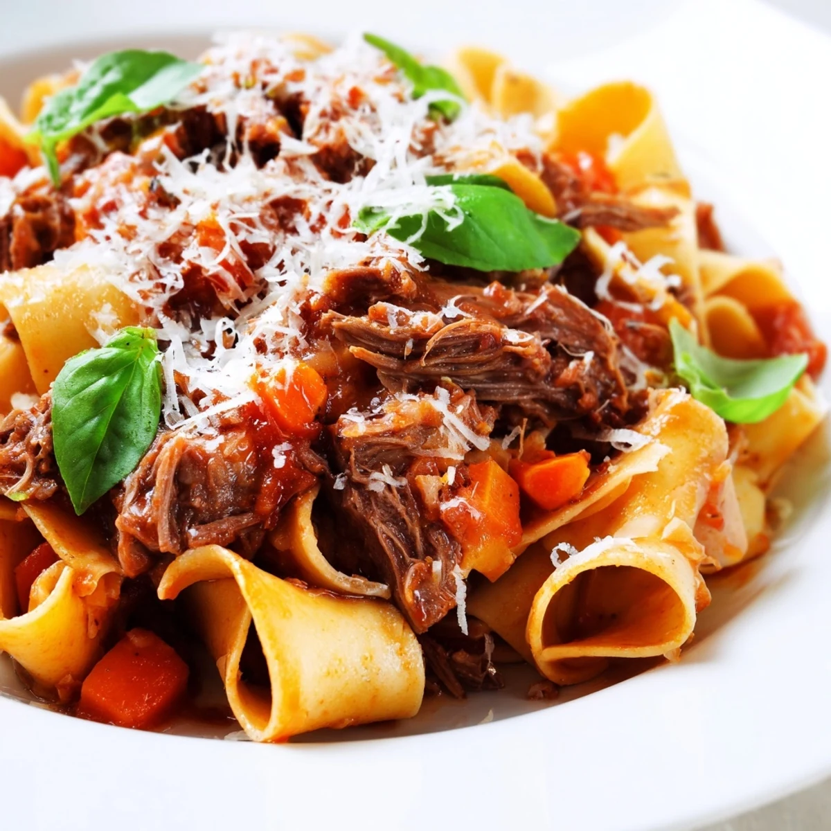 Tender shredded beef ragu slow-cooked with red wine and tomatoes, spooned over wide pappardelle noodles.