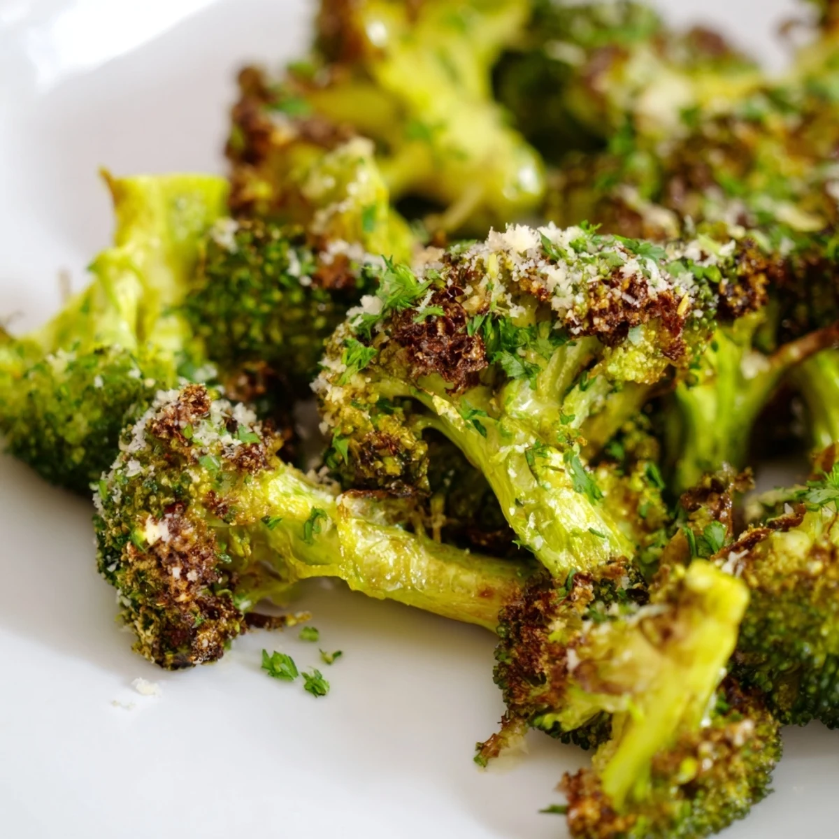 Golden-brown roasted broccoli florets with garlic and Parmesan cheese on a baking sheet, steam rising and edges crisped.