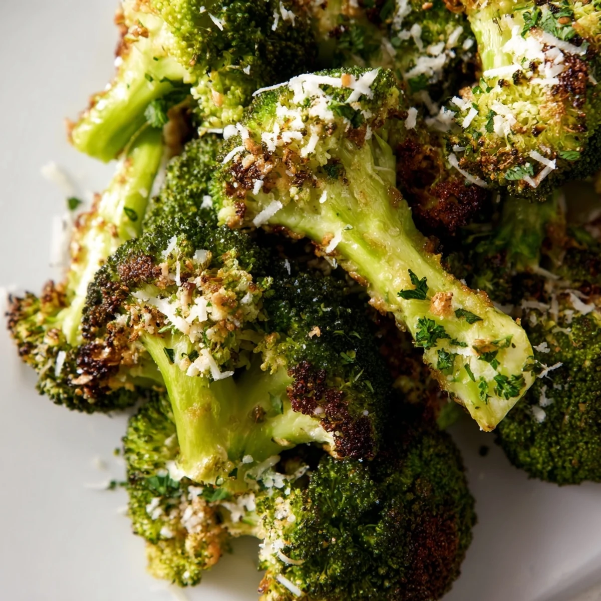 Fork holding a bite of roasted broccoli with garlic and Parmesan cheese, showing tender stems and savory cheese melt.